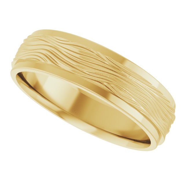 
                  
                    14K Yellow 6 mm Stepped-Edge Textured Comfort-Fit Flat Band Size 10
                  
                