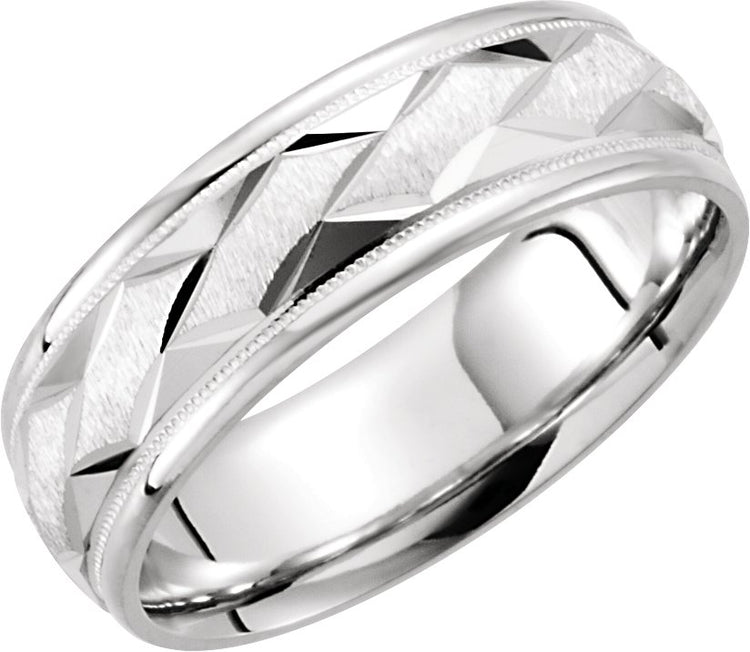 14K White Gold 7 mm Milgrain Edge Geometric Faceted Comfort-Fit Half Round Band