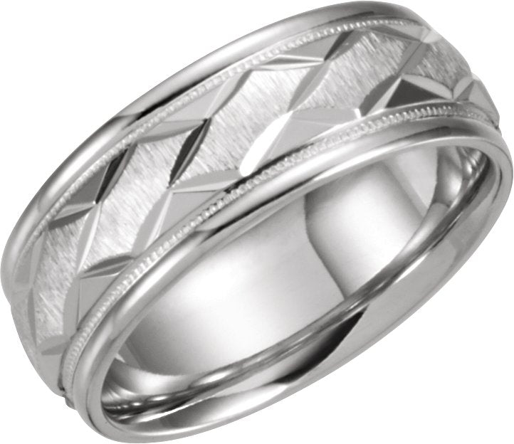 14K White Gold 7 mm Milgrain Edge Geometric Faceted Comfort-Fit Half Round Band