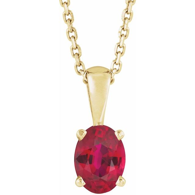 7 × 5 mm Lab-Grown Ruby Oval Necklace in 14K Yellow Gold, 16–18 Inches