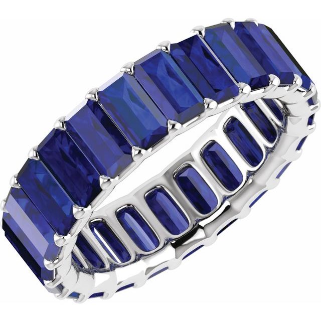 Lab-Grown Blue Sapphire Baguette Eternity Band in 14K White Gold, Size 7