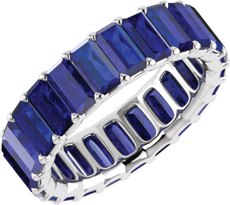 Lab-Grown Blue Sapphire Baguette Eternity Band in 14K White Gold, Size 7