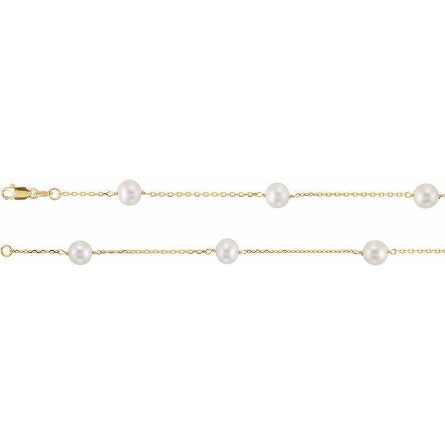 5 mm White Freshwater Pearl Station Necklace in 14K Yellow Gold