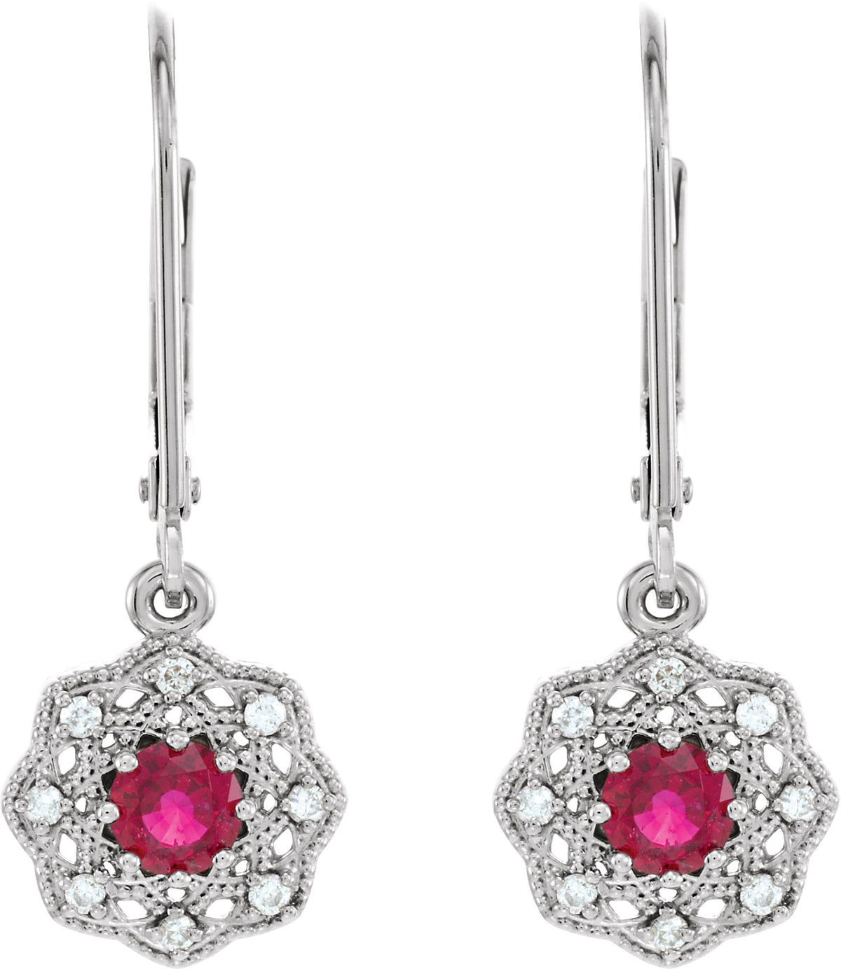 14K White Gold Natural Ruby & 1/10 CTW Natural Diamond Halo-Style Earrings