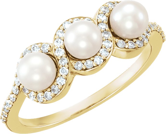 14K Yellow Gold Cultured White Freshwater Pearl & 1/5 CTW Natural Diamond Halo-Style Ring