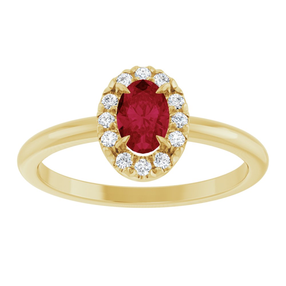 
                  
                    14K Yellow Lab-Grown Ruby & 1/10 CTW Natural Diamond French-Set Halo-Style Ring
                  
                