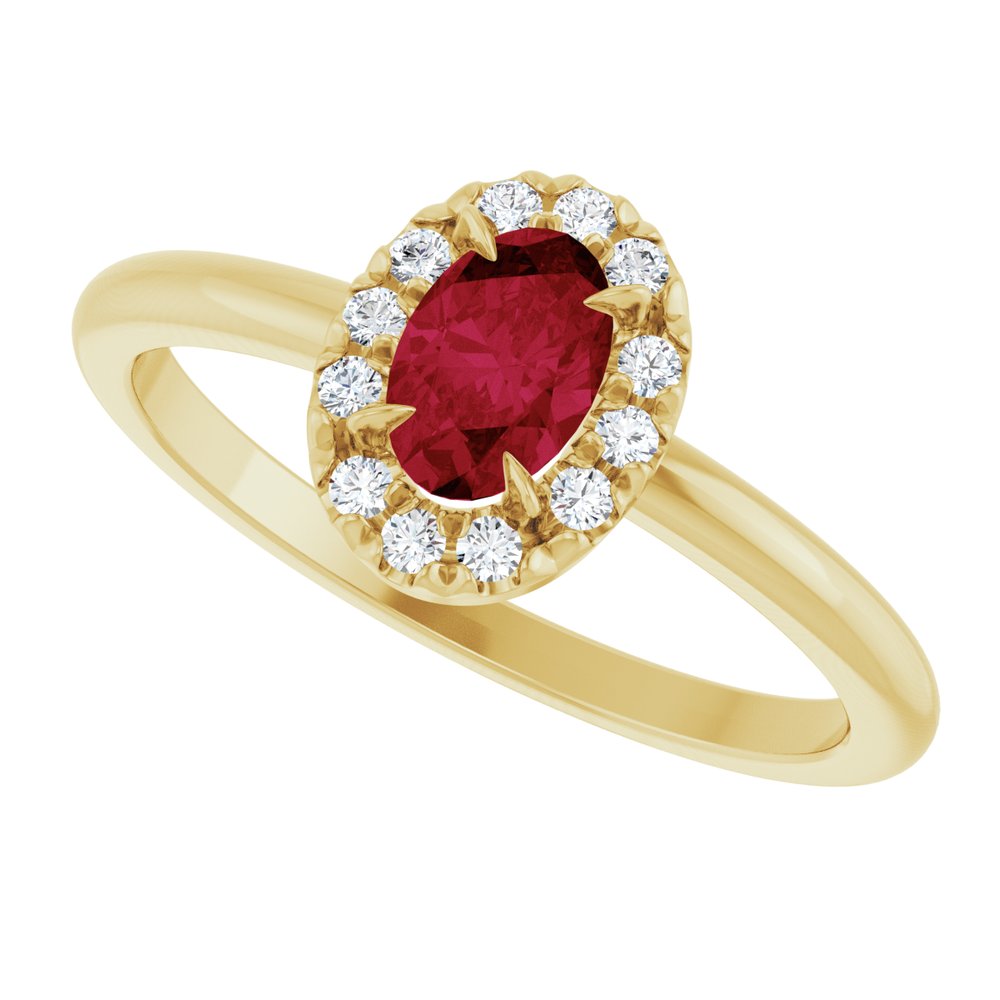 
                  
                    14K Yellow Lab-Grown Ruby & 1/10 CTW Natural Diamond French-Set Halo-Style Ring
                  
                