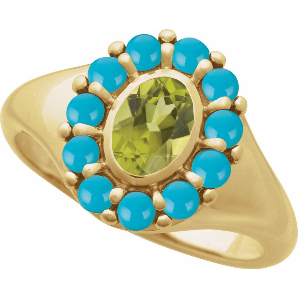 
                  
                    14K Yellow Natural Peridot & Natural Turquoise Halo-Style Ring
                  
                