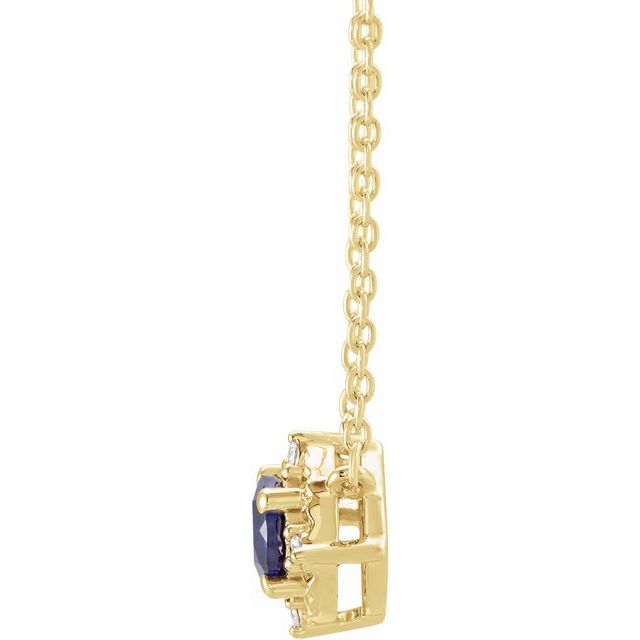 14K Yellow Lab-Grown Blue Sapphire & .04 CTW Natural Diamond Halo-Style 18" Necklace