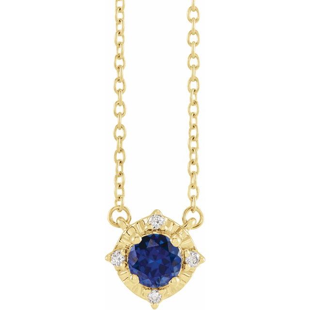 14K Yellow Lab-Grown Blue Sapphire & .04 CTW Natural Diamond Halo-Style 18" Necklace
