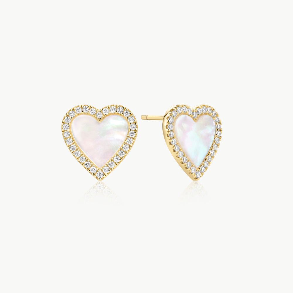Gold Mother of Pearl Halo Heart Stud Earrings
