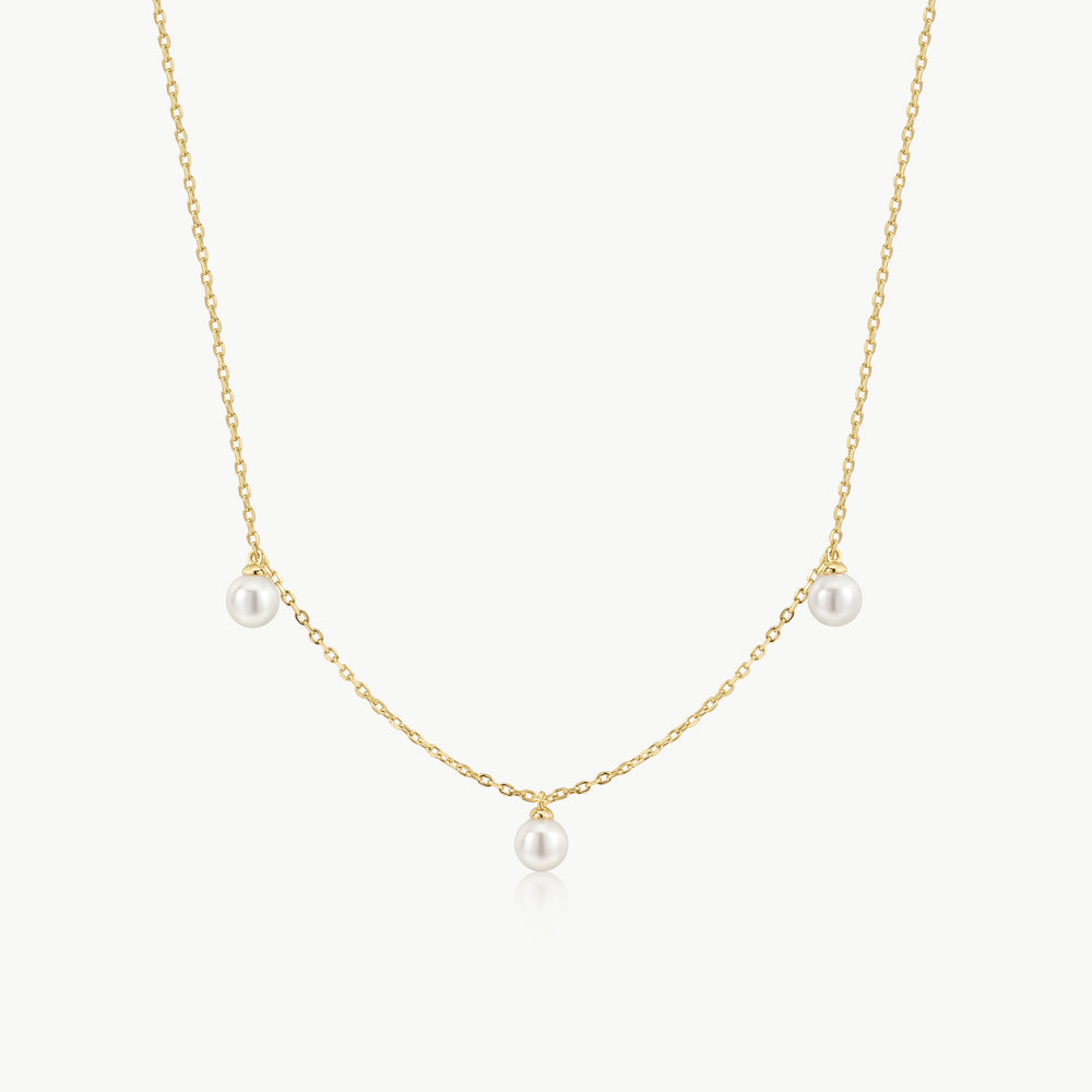 Gold Triple Shell Pearl Station Necklace