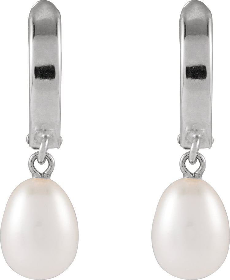 14K White Gold Cultured White Freshwater Pearl Hoop Earrings
