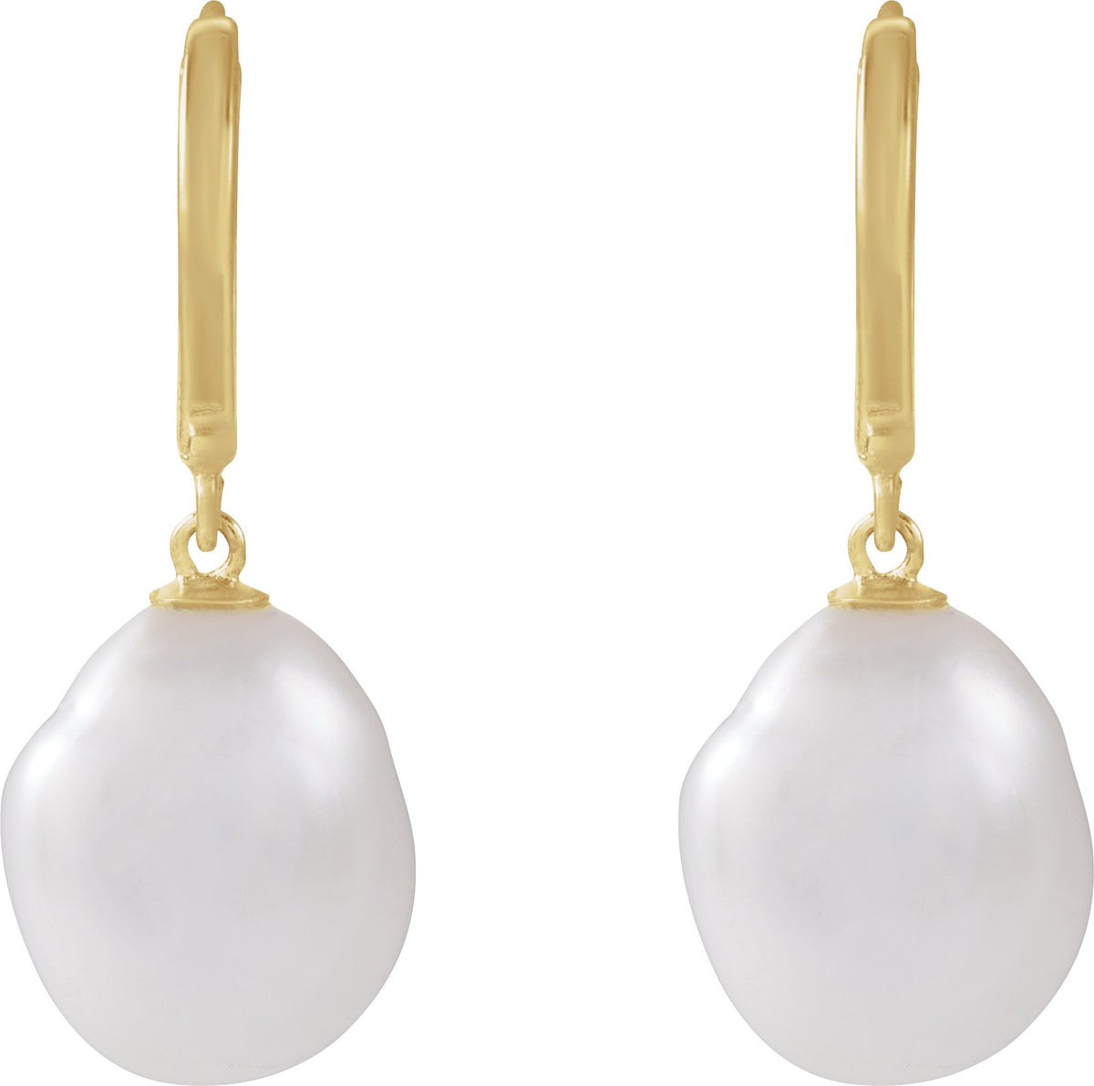 14K Yellow Gold Cultured White Freshwater Keshi Pearl Hoop Earrings