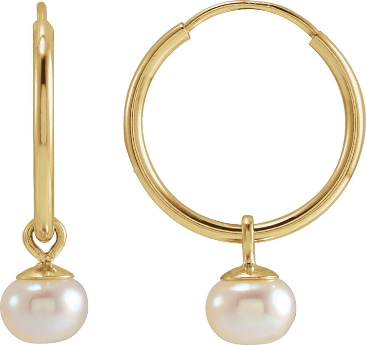 14K Yellow Gold Cultured White Freshwater Pearl 12 mm Endless Hoop Earrings