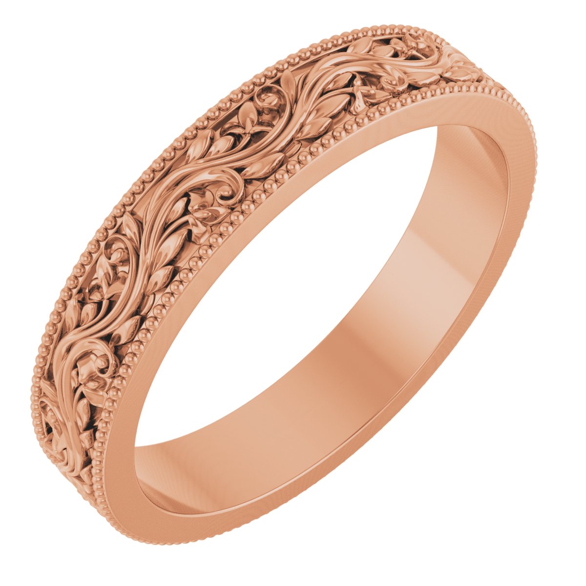 14K Rose Gold 4 mm Milgrain Edge Floral Flat Band