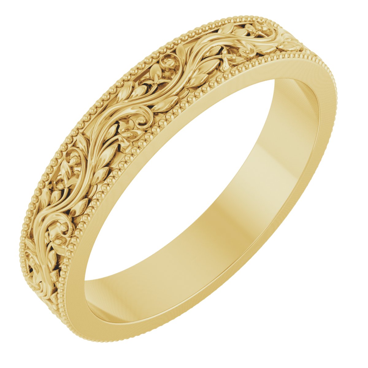 14K Yellow Gold 4 mm Milgrain Edge Floral Flat Band