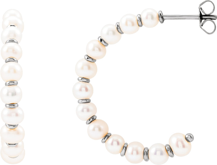 14K White Gold Cultured White Freshwater Pearl 30.3 mm Hoop Earrings