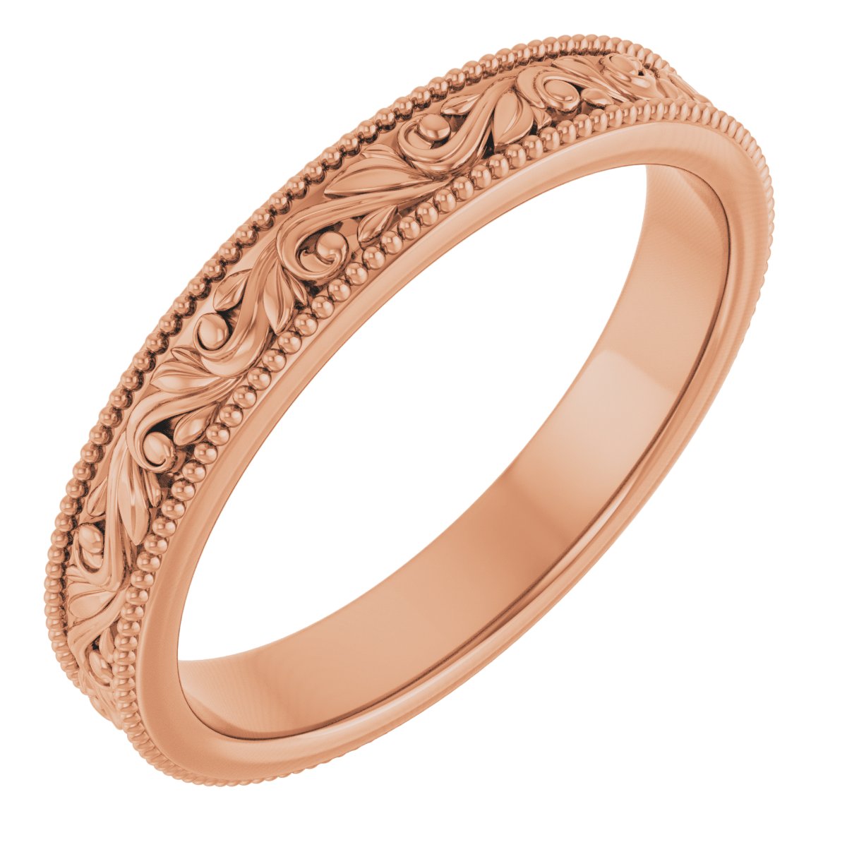 14K Rose Gold 3.2 mm Milgrain Edge Floral Flat Band