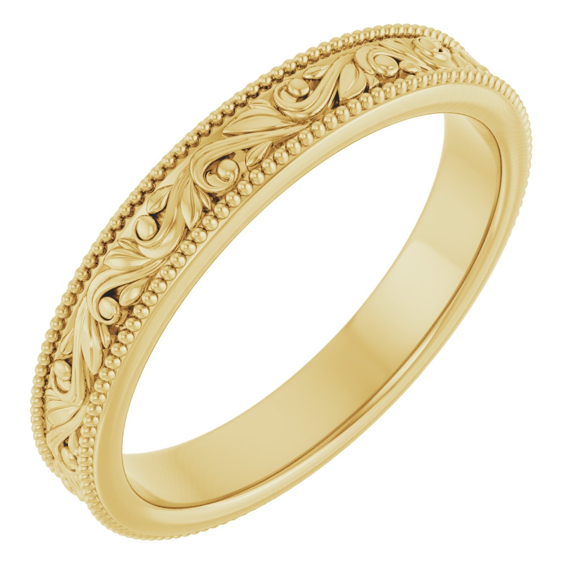 14K Yellow Gold 3.2 mm Milgrain Edge Floral Flat Band