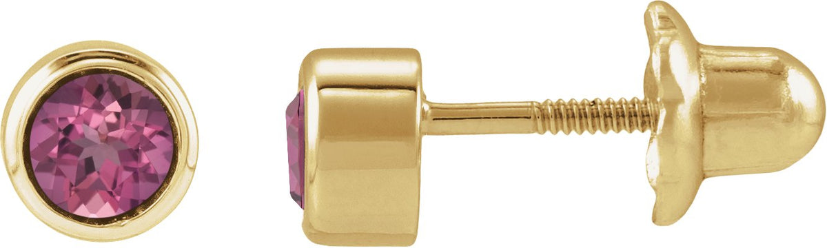 14K Yellow Gold Natural Pink Tourmaline Bezel-Set Youth Earrings