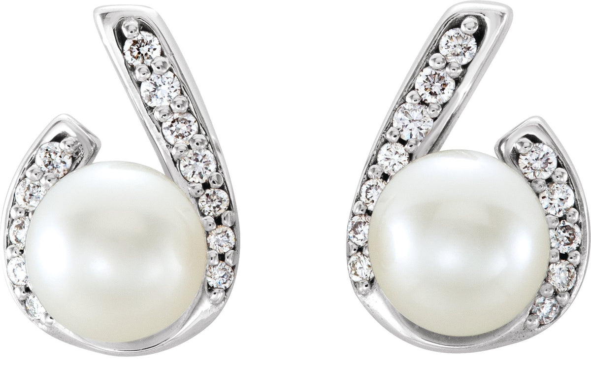 14K White Gold Cultured White Freshwater Pearl & 1/10 CTW Natural Diamond Earrings