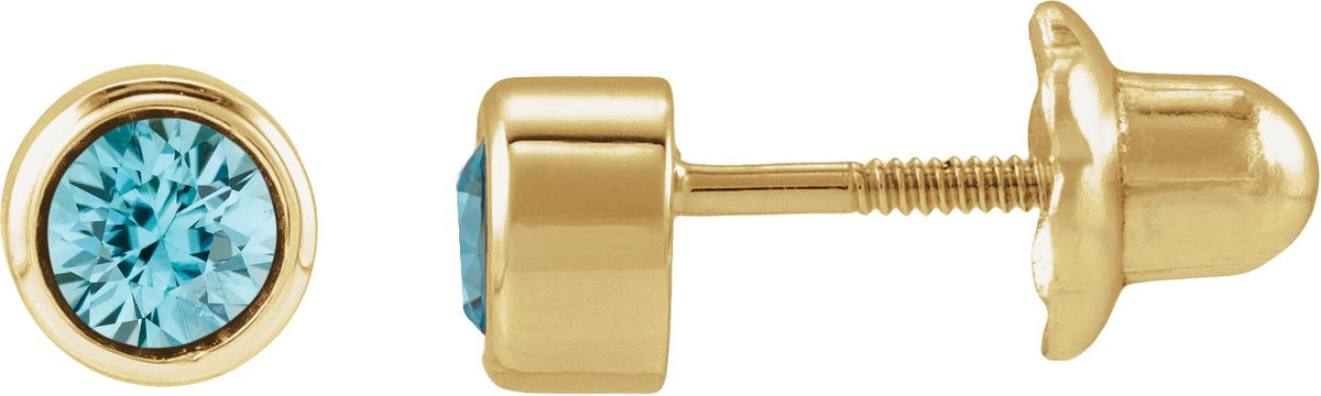 14K Yellow Gold Natural Blue Zircon Bezel-Set Youth Earrings
