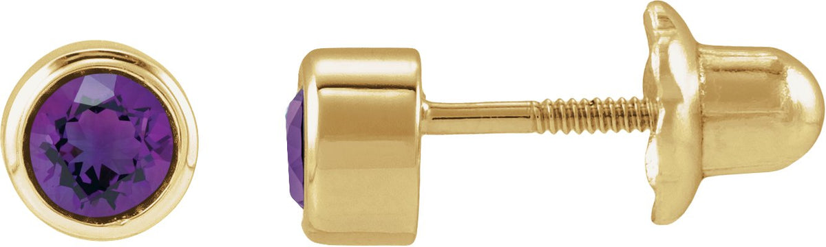 14K Yellow Gold Natural Amethyst Bezel-Set Youth Earrings