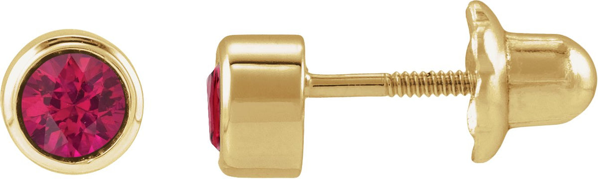 14K Yellow Gold Lab-Grown Ruby Bezel-Set Youth Earrings