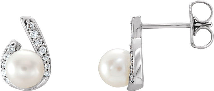 14K White Gold Cultured White Freshwater Pearl & 1/10 CTW Natural Diamond Earrings
