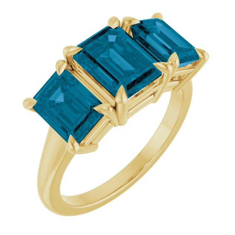 14K Yellow Gold 8x6 mm Emerald Natural London Blue Topaz Three-Stone Ring