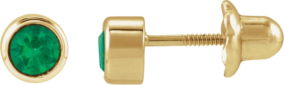 14K Yellow Gold Lab-Grown Emerald Bezel-Set Youth Earrings