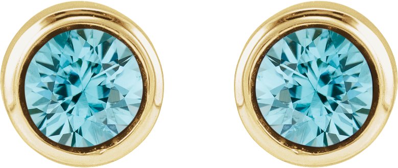 14K Yellow Gold Natural Blue Zircon Bezel-Set Youth Earrings