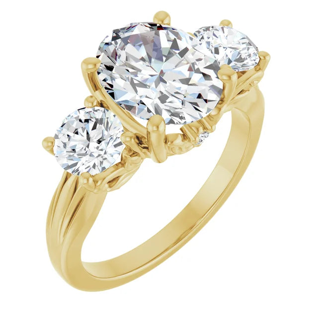 2.5 CT Lab-Grown Oval Diamond Three-Stone Engagement Ring in 14K Yellow Gold